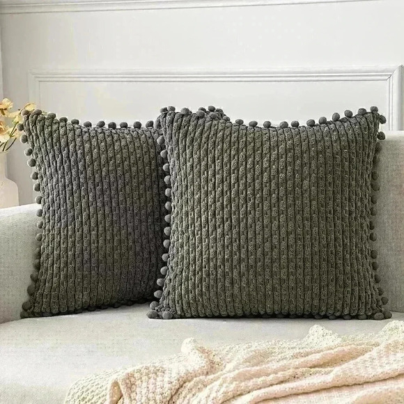 Pompom Dark Grey Texture Corduroy Farmhouse Cute Luxury Soft Pillow Cover Set